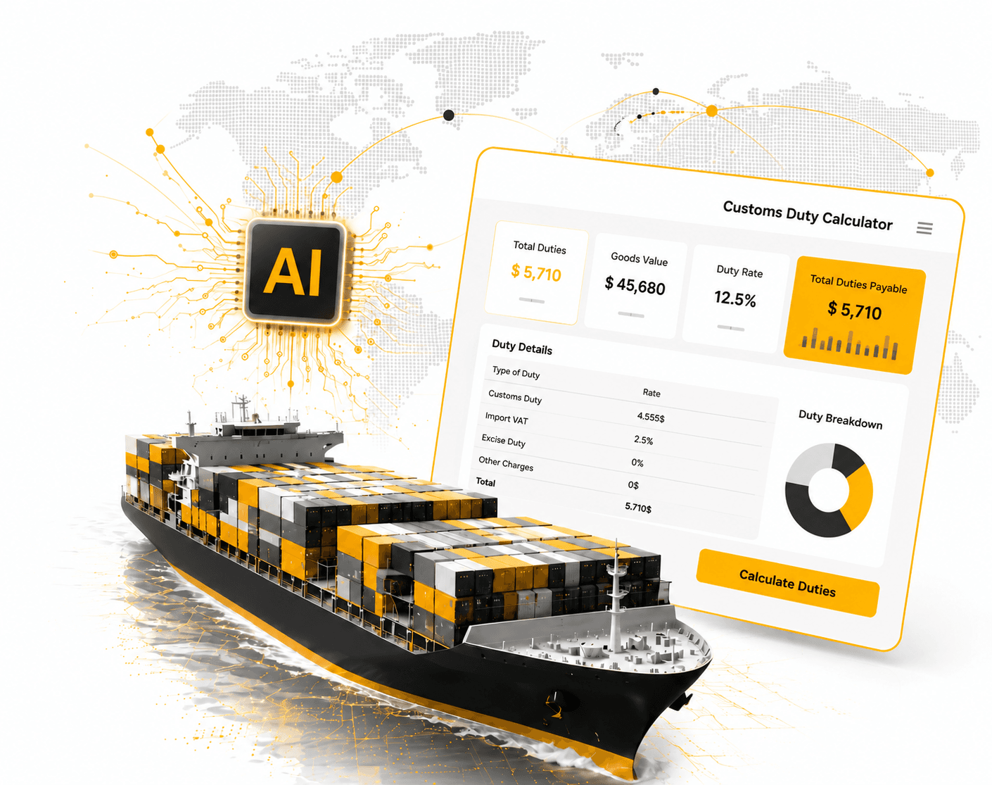 Customs fee calculator — container ship and calculator UI